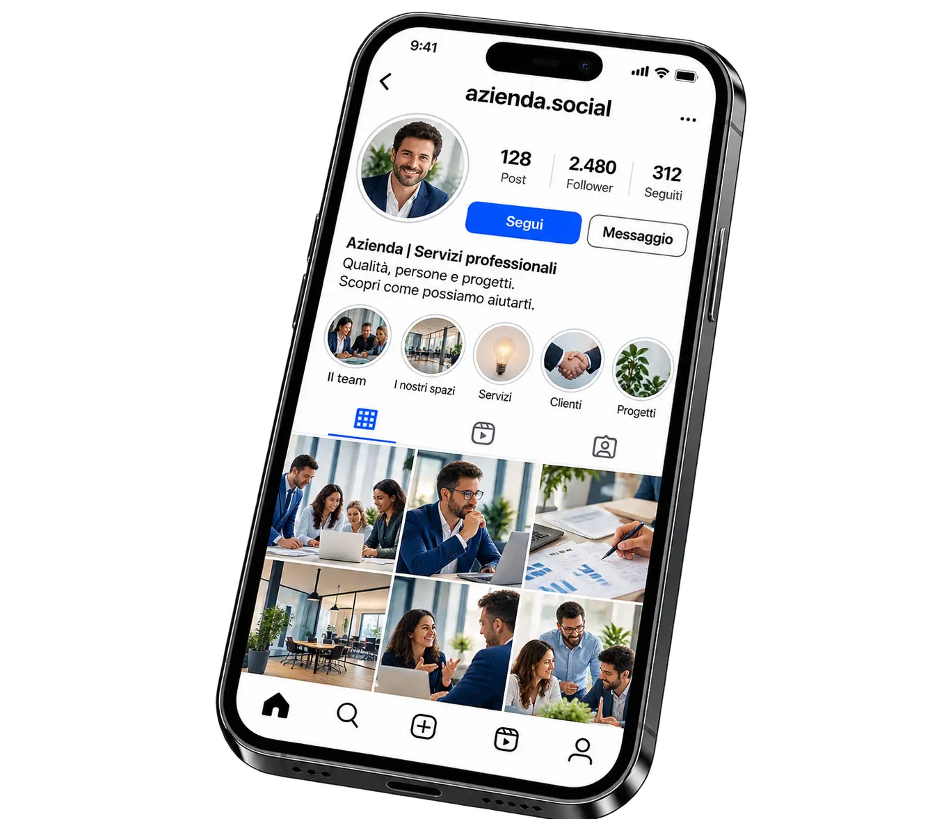 Smartphone con un profilo social aziendale curato
